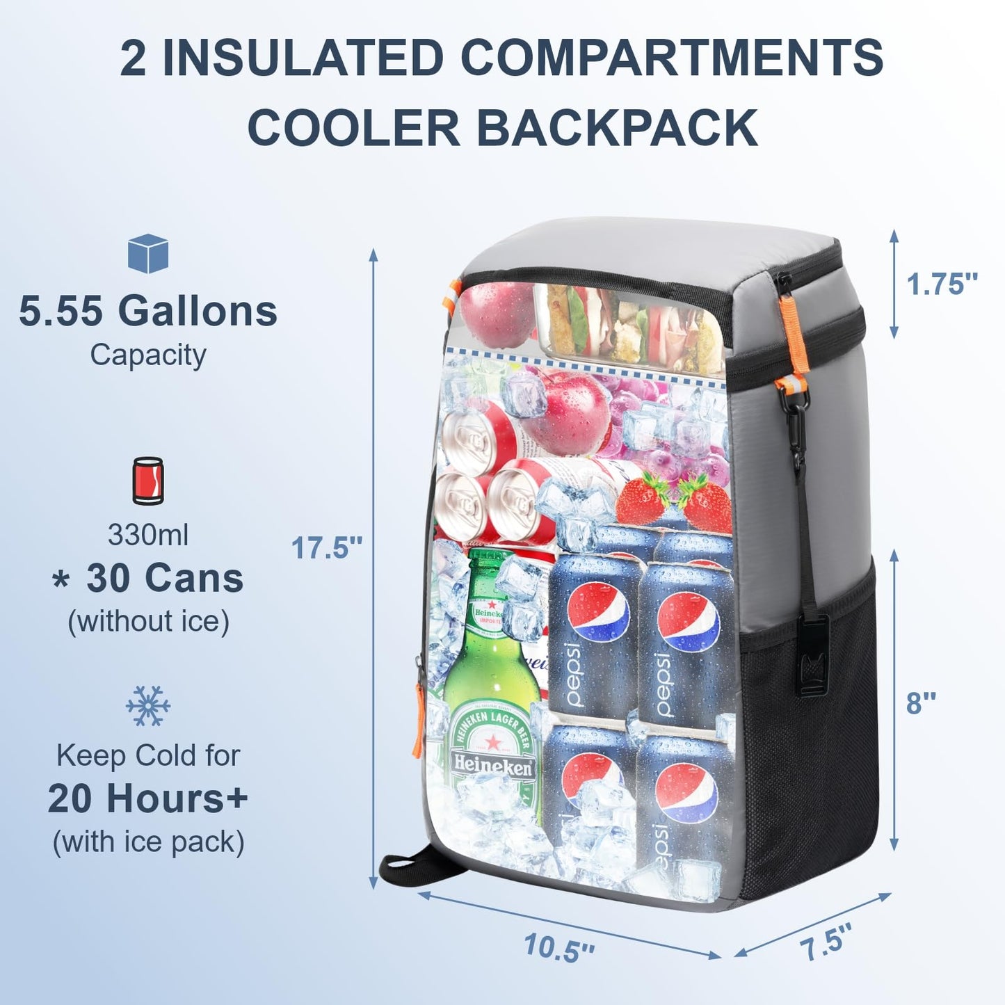 SPARTER Backpack Cooler Insulated Leak Proof 30 Cans, 2 Insulated Compartments Thermal Bag, Portable Lightweight Beach Travel Camping Lunch Backpack for Men and Women