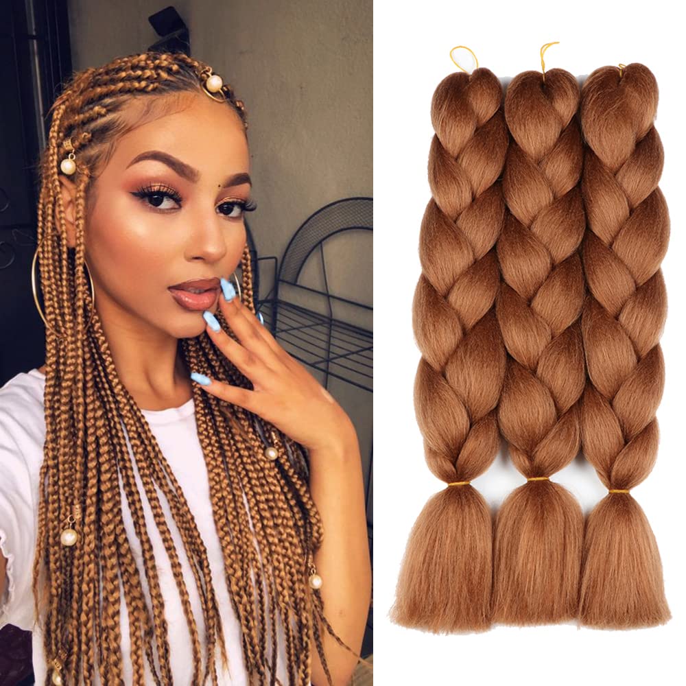 Original Jumbo Braids Hair Extension can shrink in hot water professional at box braids 3pcs Pure Brown Color 24inch 100g/pc For Twist Box Braiding Hair (30#)