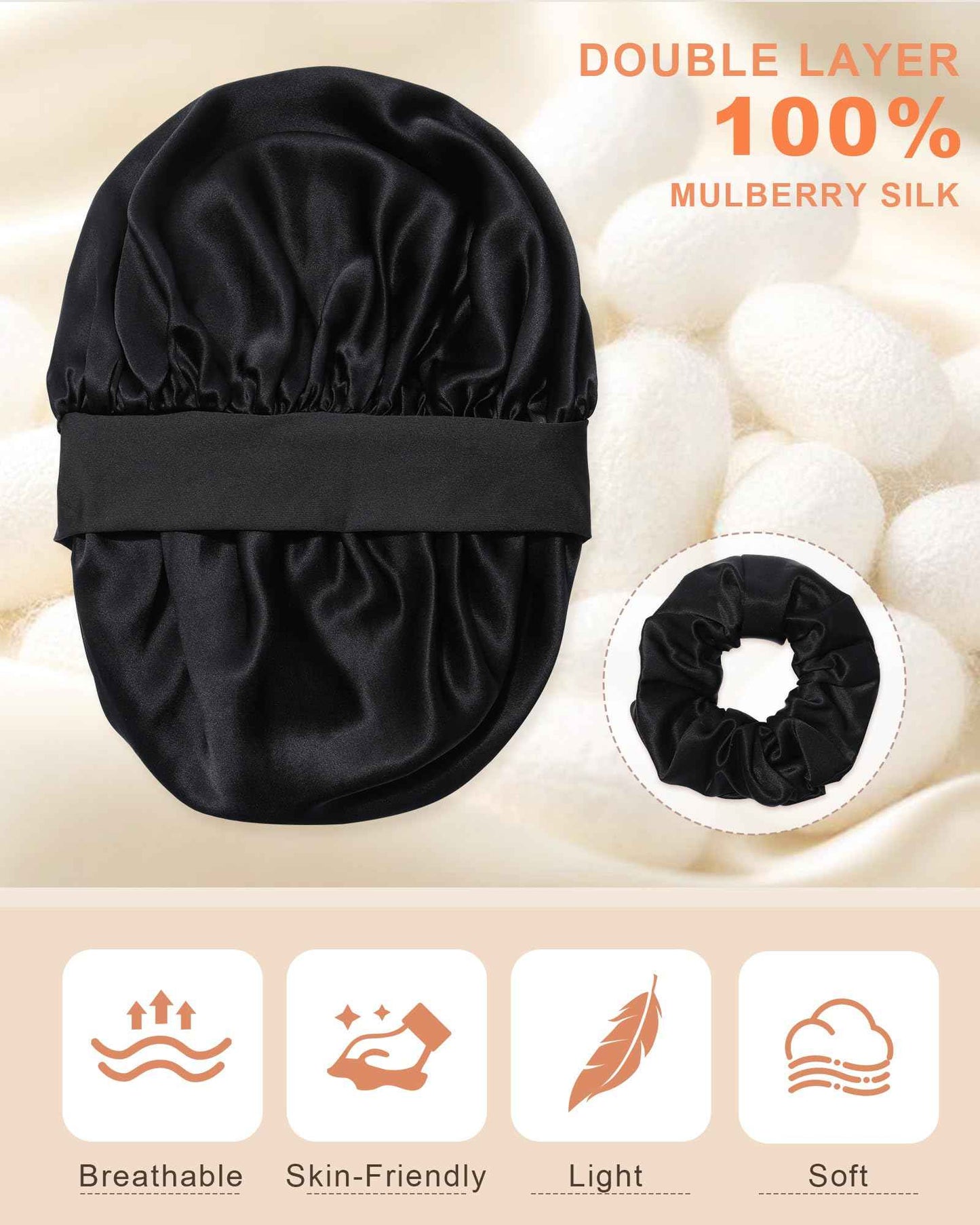 Mulberry Silk Bonnet Sleeping Women Curly Hair Bonnets Tie Band Double Layer Reversible Sleep Bonnet Silk Hair Wrap Sleep Cap Black