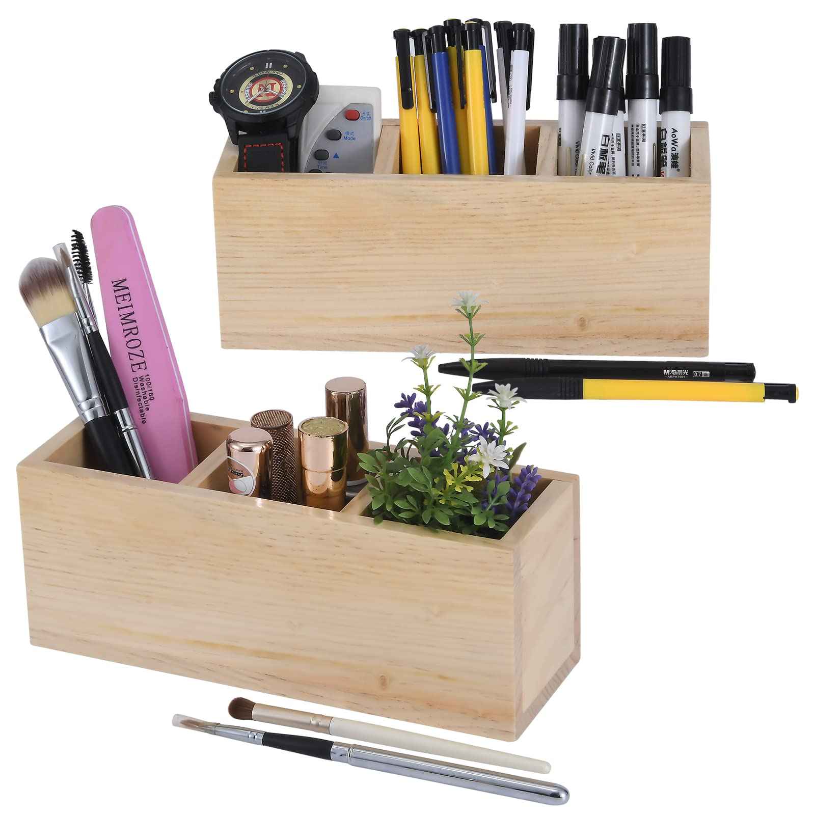 dedoot Wooden Pencil Holder Remote Holder, Unfinished 3 Compartment Wood Desk Organizers Drawer 3 Section, Rustic Remote Control Holder for Desk,School, Home and Office Supplies, 9x3x3.4 Inches