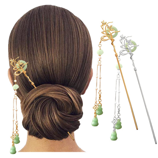 2PCS Chinese Style Retro Tassel Hairpin, Pearl Peace Fortune Colored Glass Tassel Hair Accessories Hair Sticks Plate Hair Fork for Hanfu Cheongsam 013-2pcs