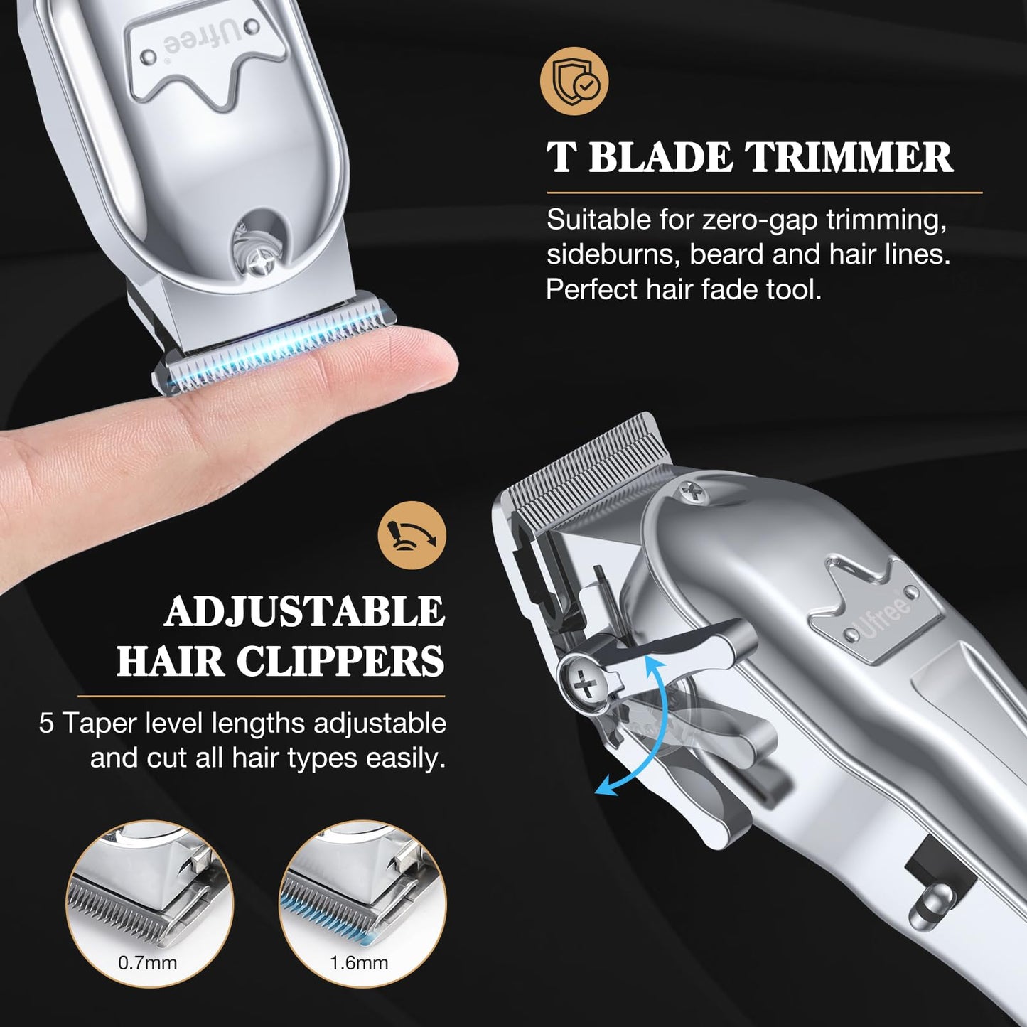 Ufree® Hair Clippers, Professional Beard Hair Trimmer, Cordless Barber Clippers Supplies, Hair Cutting Kit, T Liners Edgers Clippers, Birthday Gifts for Men Women, Silver