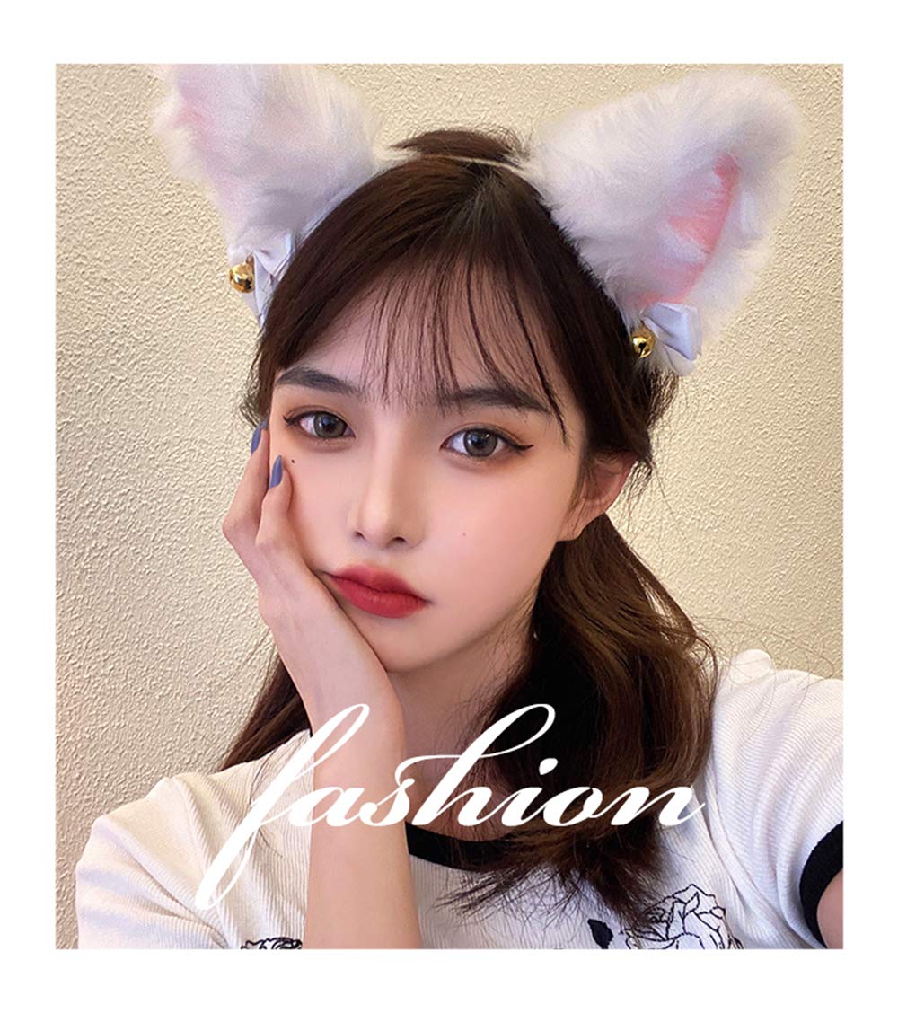 Faux Furry Anime Faux Fur Fox Ear Headband with Bells, Plush Cosplay Neko Hairband for Halloween Costume Party Fancy Dress (White-Inner White)