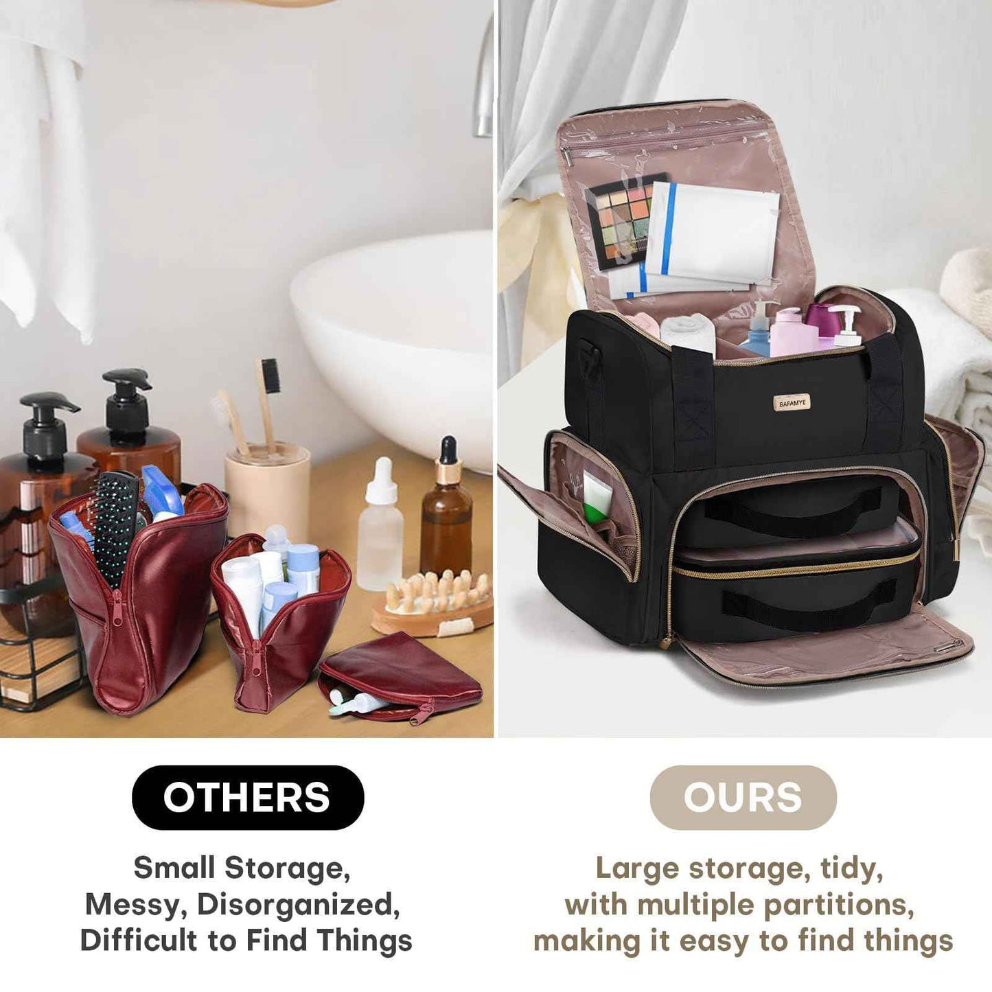 BAFAMYE Large Makeup Travel Cosmetic Bag with 2 Removable Case, Double Layer Big Travel Make Up Organizer Case, Toiletry Bag for Women, Train Cases Bags