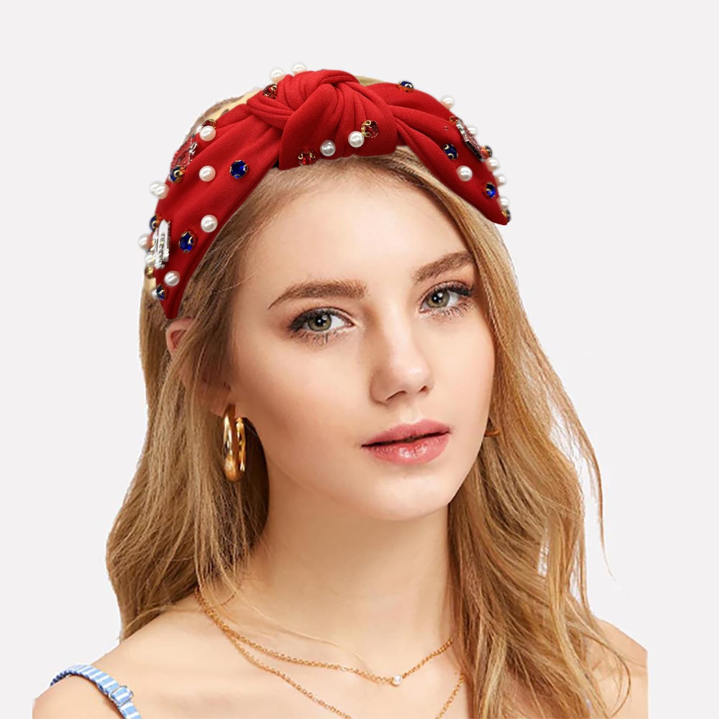 SZJULR 4th of July Headband Pearl Crystal Knotted Women Star Rhinestone Hairband American Flag Wide Blue White Red Patriotic Fashion Holiday Top Knot Independence day Headbands