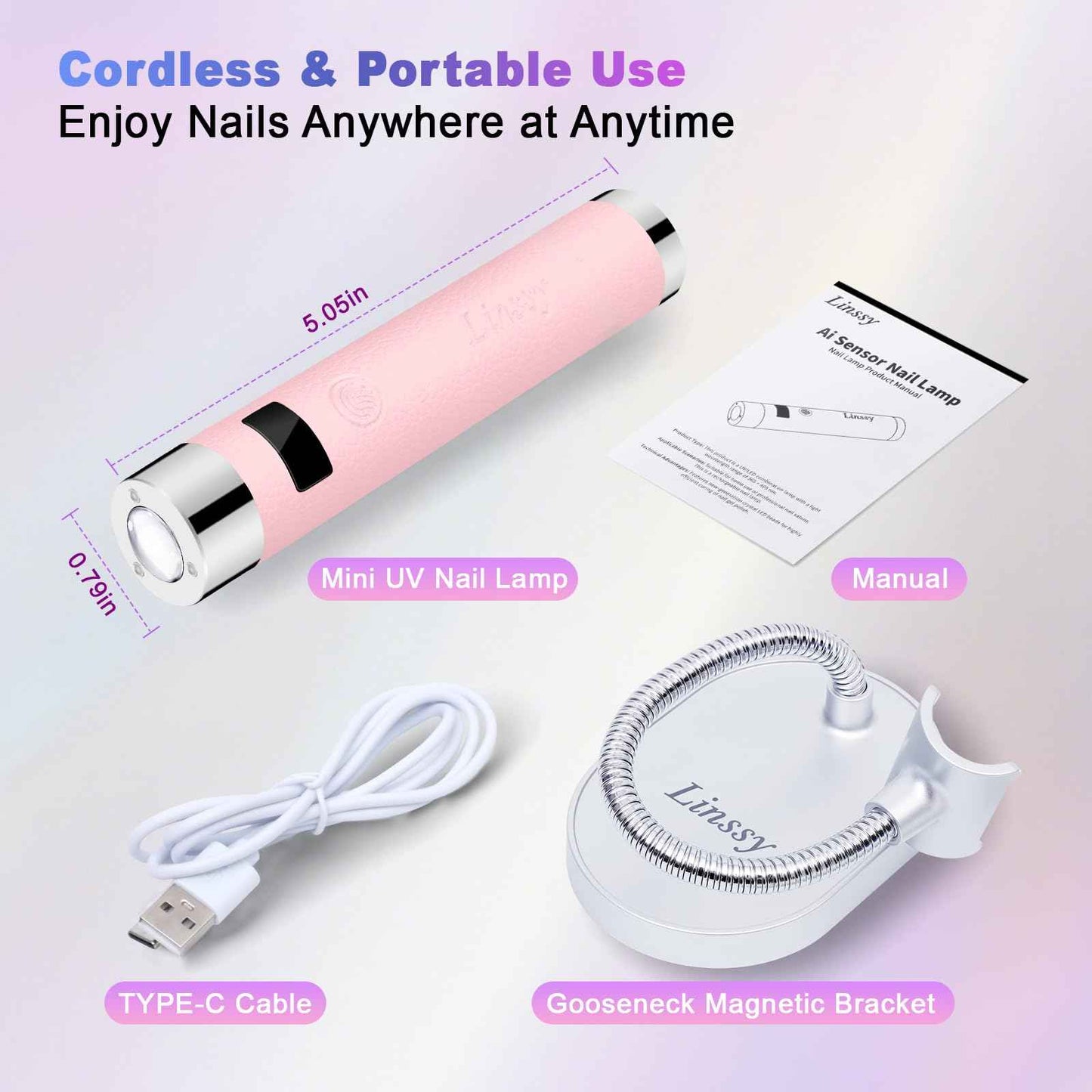 Linssy Mini UV Light for Nails with Auto Sensor & Gooseneck Stand,Portable Cordless Nail Lamp Flash Cure Lamp with LCD Display,Handheld UV Light for Gel Nails at Salon & Home Use (Pink)