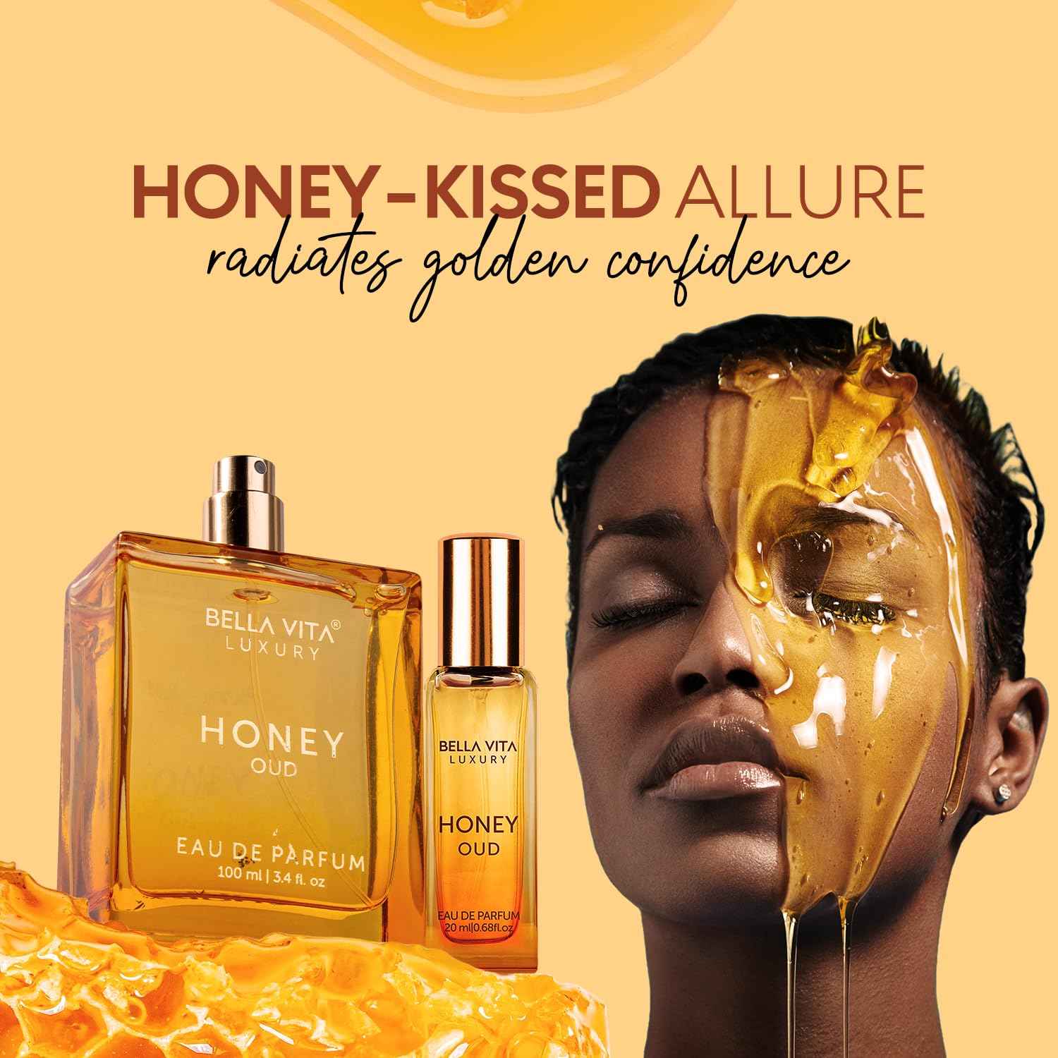 BellaVita Honey OUD Perfume for Women & Men 100ml & 20ml | Vanilla, Bergamot & Patchouli Notes | Long-Lasting Arabian Unisex Perfumes for Women & Men | Floral & Spicy Cologne Honey Perfume