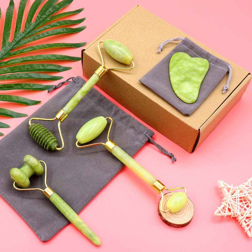 Jade Roller & Gua Sha Set, 4 in 1 Gua Sha Facial Massage Tool Beauty Face Roller Tools for Neck, Eyes, Body Muscle Relaxing and Relieve Fine Lines and Wrinkles
