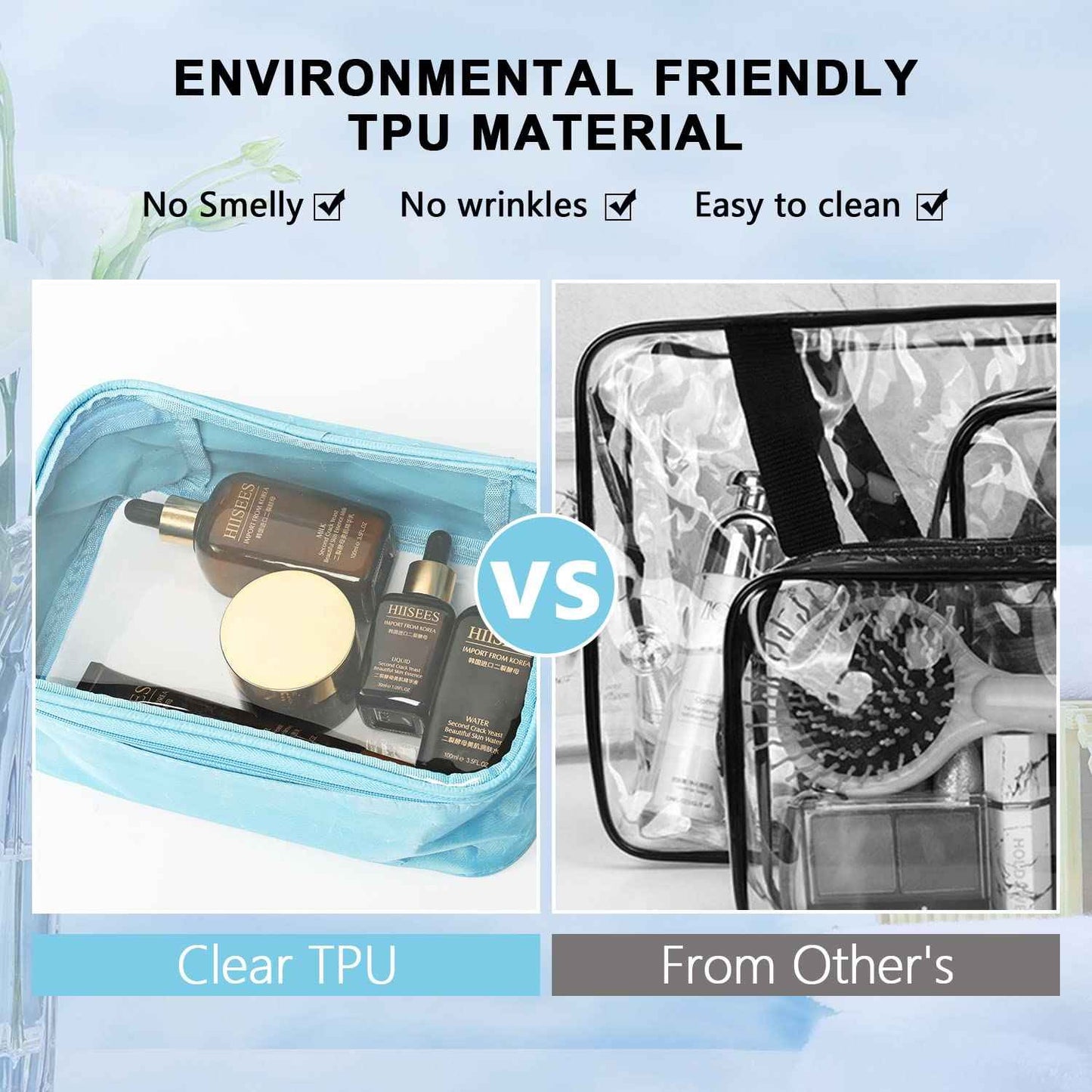 DARIN Clear Toiletry Bag 3Pack TPU Makeup Cosmetic Bag TSA Approved Toiletry Bag, Waterproof Travel Liquid Bag for Air Flight, Clear Travel Carry On Pouch for Women and Men (1L+1M+1S,Clear Blue)