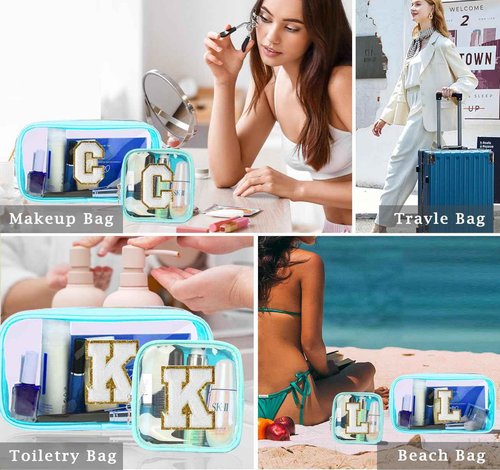 2pcs Personalized Initial Letter Clear Makeup Bag | Waterproof Nylon Preppy Cosmetic Bag | Travel Toiletry Bag | Monogrammed Gifts for Women Girl | Wedding Bridal Shower Gifts for Bridesmaids(Blue E)