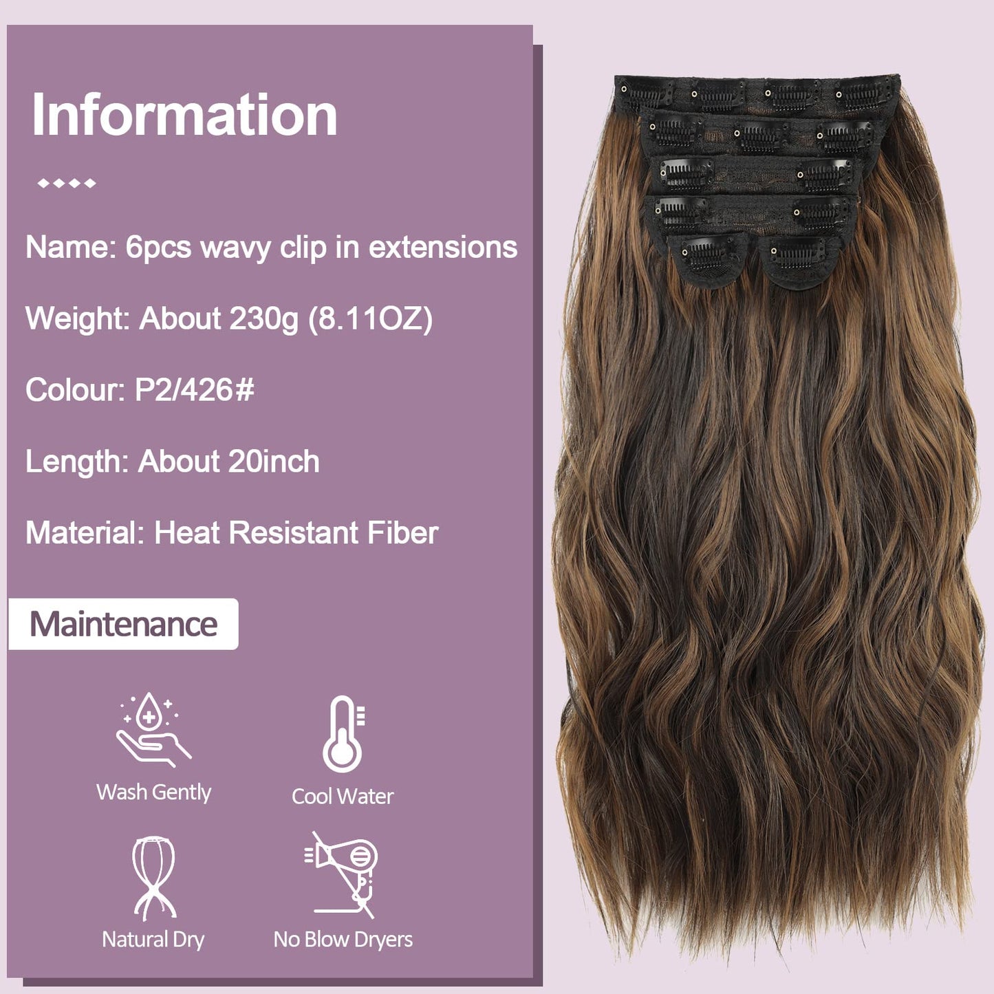 Fashion Line Clip in Hair Extensions for Women 6PCS Thick Full Head Natural Wavy Clip in Extensions Balayage Dark Brown to Chestnut Synthetic Long Double Weft Hair Hairpieces 20 inch