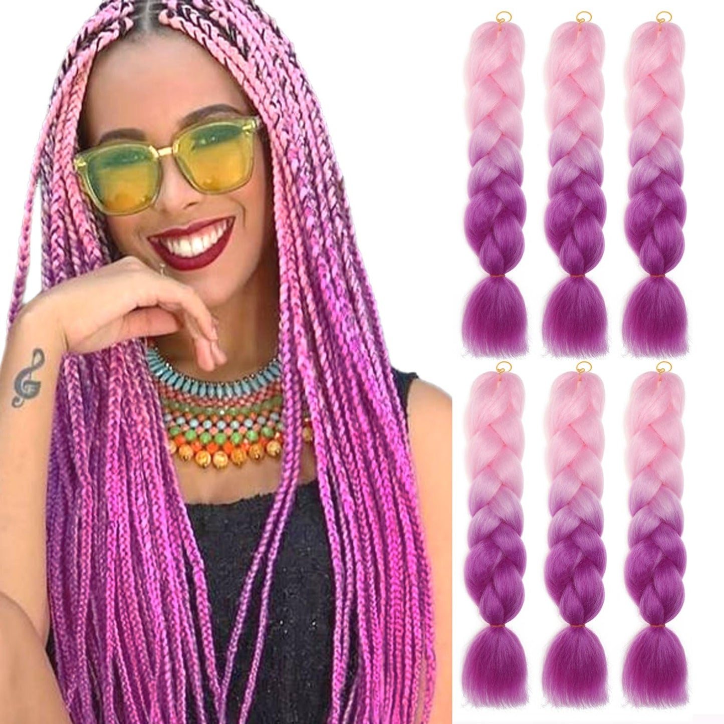 Ombre Braiding Hair Pre Stretched 6 Packs Synthetic Hair Extensions for Braids 24 inch Pink Purple Braiding Hair Jumbo Festival Colorful Braid Hair