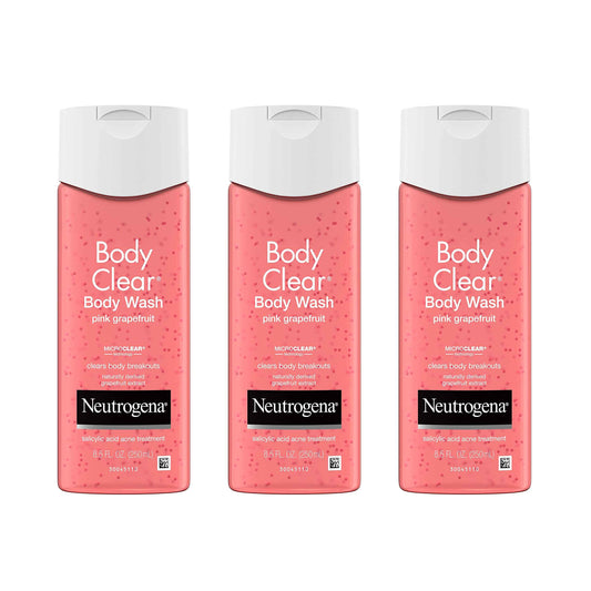 Neutrogena Body Clear Acne Treatment Body Wash with Salicylic Acid Acne Medicine, Pink Grapefruit Body Acne Cleanser to Prevent Breakouts on Back, Chest & Shoulders, 8.5 fl. oz, 3 Pack
