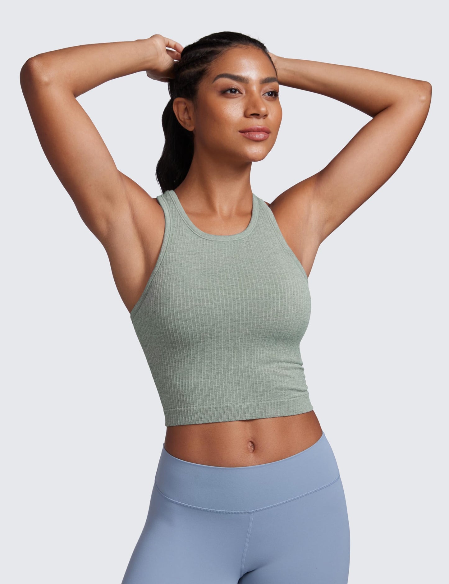 CRZ YOGA Womens Seamless Ribbed Longline High Neck Sports Bra - Racerback Padded Slim Fit Crop Tank Top with Built in Bra Dark Green Heather XX-Small