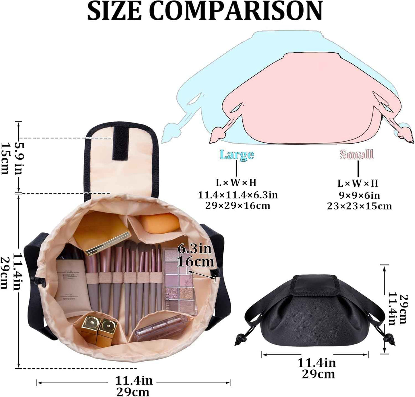 FANGENKE Large Drawstring Makeup Organizer,Lay Barrel Makeup Bag Leather Cosmetic Bag Toiletry Bag for Travel,Portable Waterproof Make Up Bags for Women Brush Toiletries Accessories (Black Large)