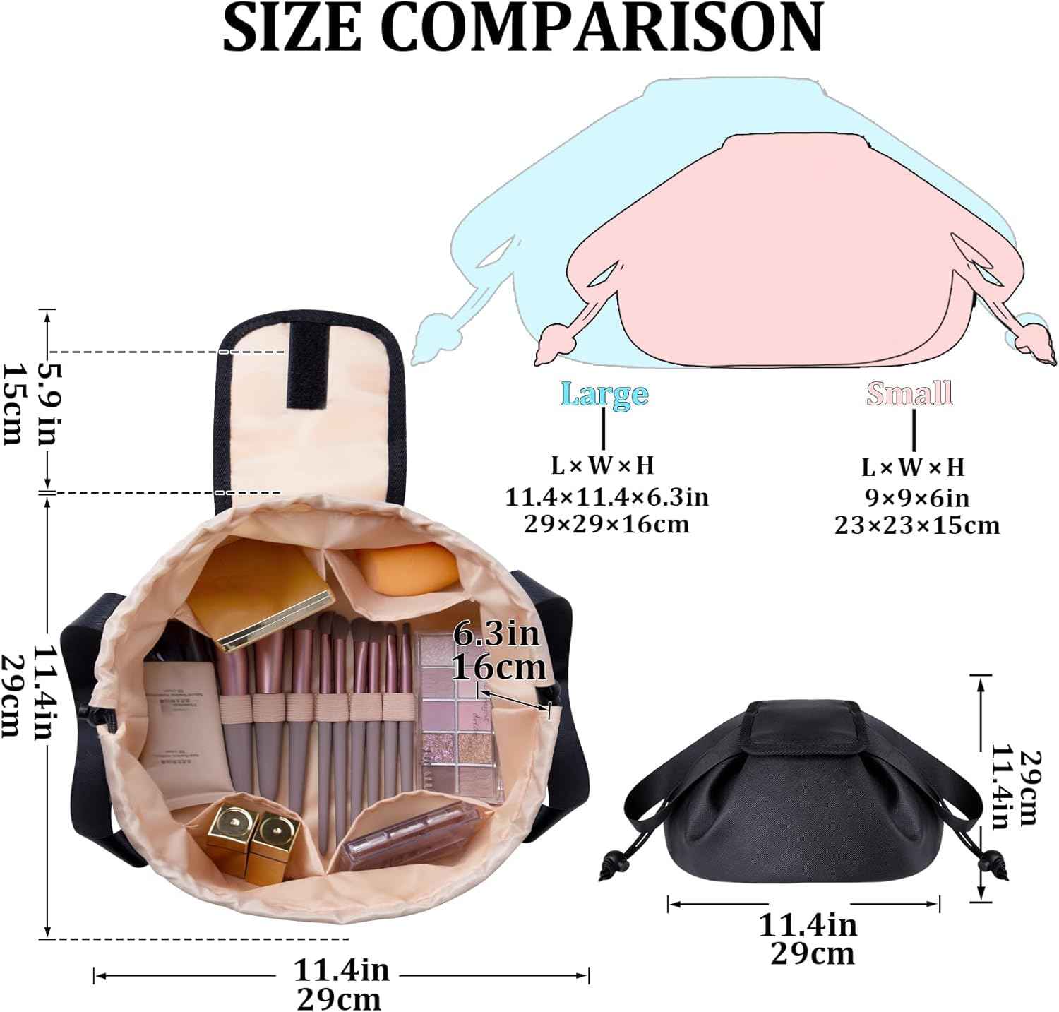 FANGENKE Large Drawstring Makeup Organizer,Lay Barrel Makeup Bag Leather Cosmetic Bag Toiletry Bag for Travel,Portable Waterproof Make Up Bags for Women Brush Toiletries Accessories (Black Large)