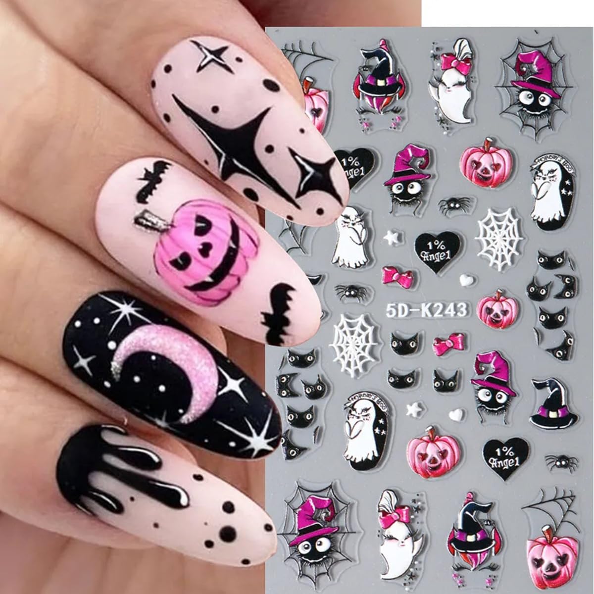 3Sheets Halloween Nail Stickers Decals for Nail 5D Scary Skull Spider Web Pink Ghost Pumpkin Designer Nail Stickers DIY Gothic Acrylic Nails Arts for Halloween Women Girls Nail Art Supplies.