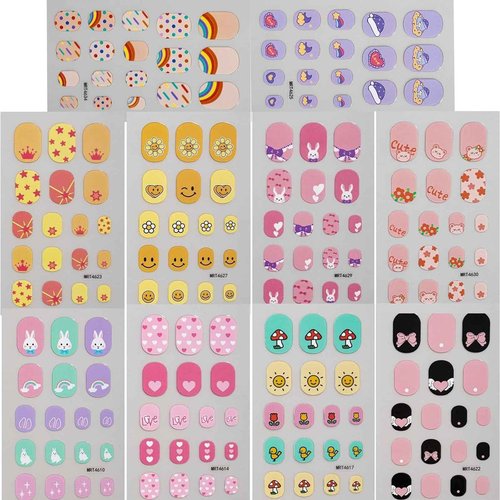 10Sheets Colorful Kid Nail Stickers Full Nail Wraps for Kids Girls Self Adhesive Nails Strips for Nail Art Decoration Fun Including Rainbow Heart Rabbit Flower Fruit Moon Sun for Age 7 and Older…