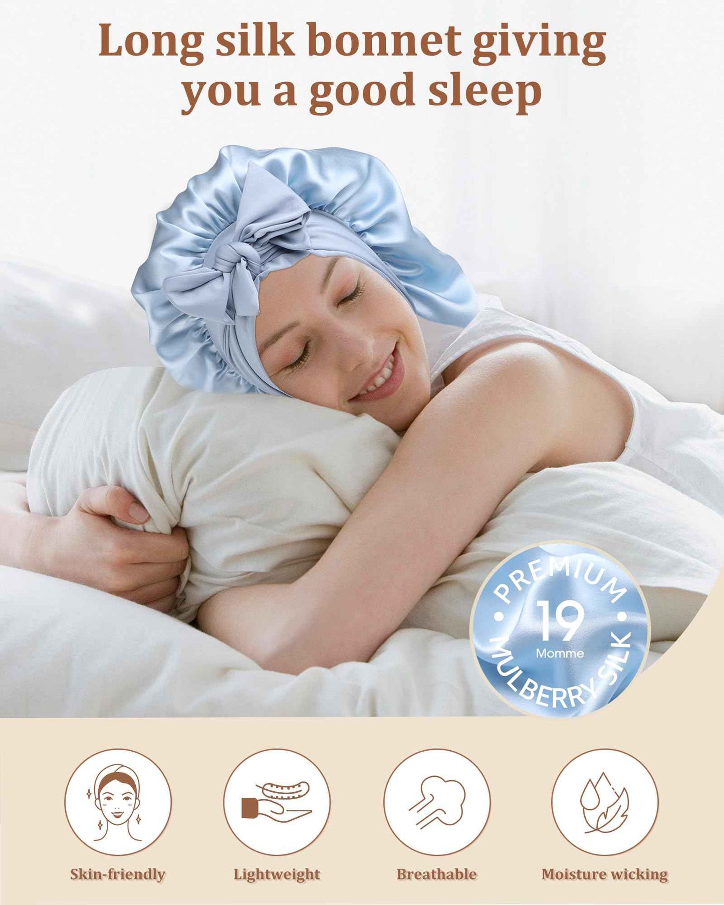 AWAYTR Long Silk Bonnet for Sleeping - 100% Mulberry Silk Bonnet for Women Long Hair Sleep Cap with Elastic Tie Band (Sky Blue)