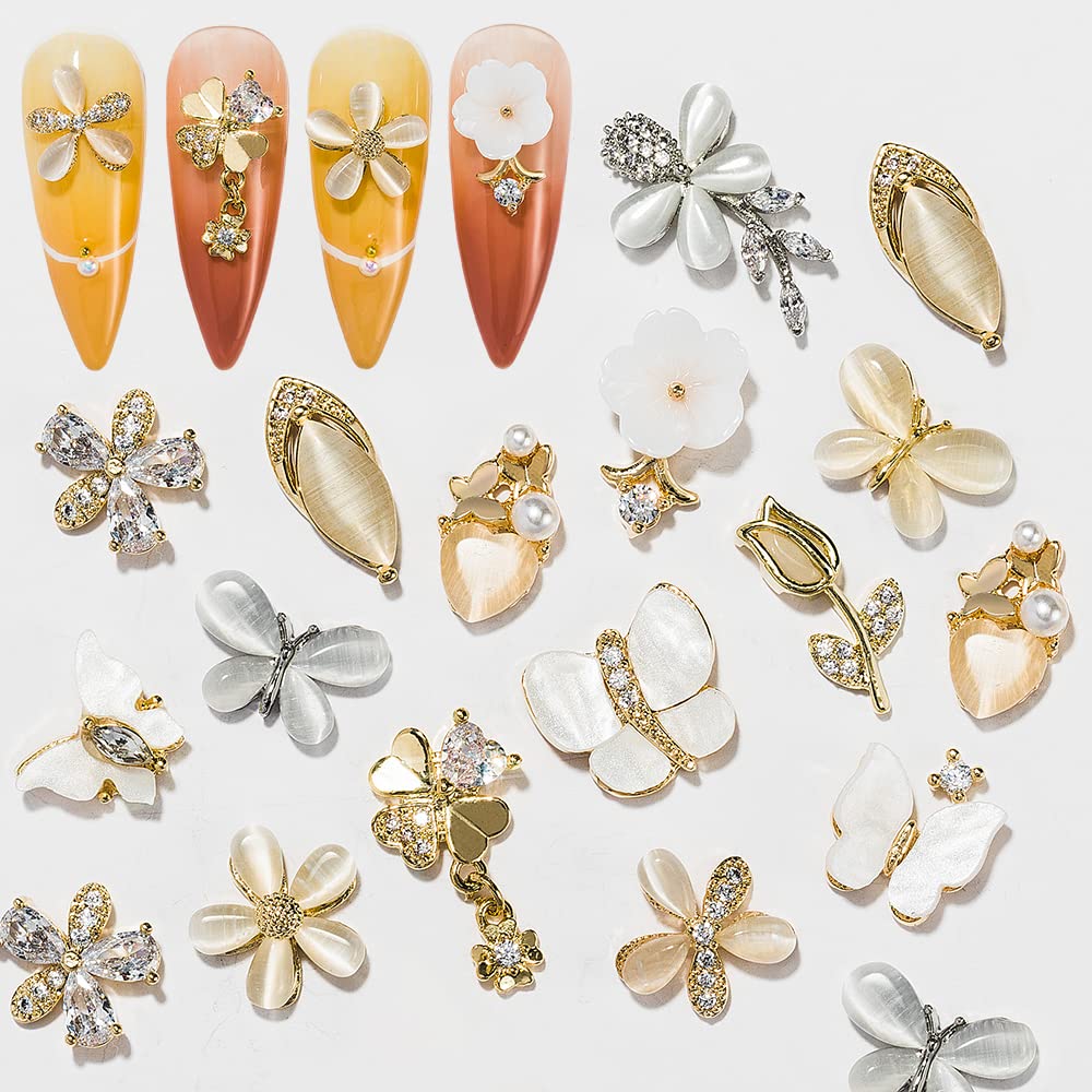 HNUIX Butterfly Nail Charms and Gems - Gold Copper Zircon, Multiple Shapes, Metal Jewelry Rhinestones Charms, 10 Pieces