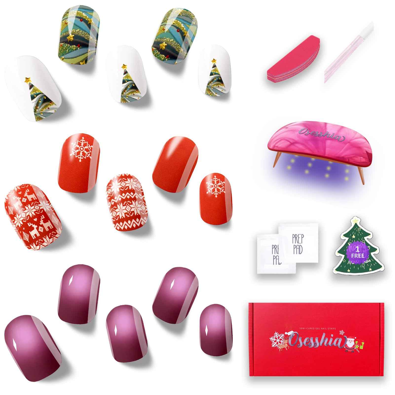 Osesshia Semi Cured Gel Nail Strip Starter Kit, (Include 60 Pcs Nail Stickers, 1 UV Lamp and Nail Tools), Glaze Wraps, Salon Quality Gel Polish Strips, Christmas Nails Stickers Kit