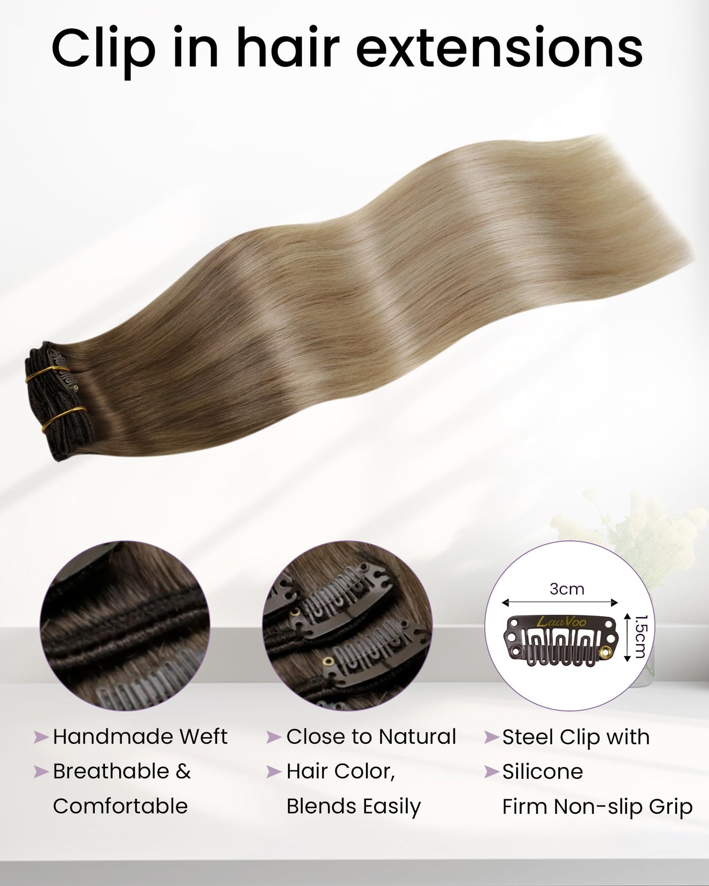 LaaVoo Human Hair Clip in Extensions Balayage Light Brown to Ash Blonde Mix Platinum Blonde 12 Inch Clip in Hair Extensions Real Human Hair Brown Ombre Hair Extensions Clip ins 5pcs 80g