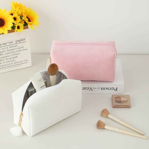 DYSHAYEN Makeup Bag Travel Cosmetic Bag Organizer Tassel Large Corduroy Zipper Pouch, Bridesmaid Gift for Wedding Party (White)