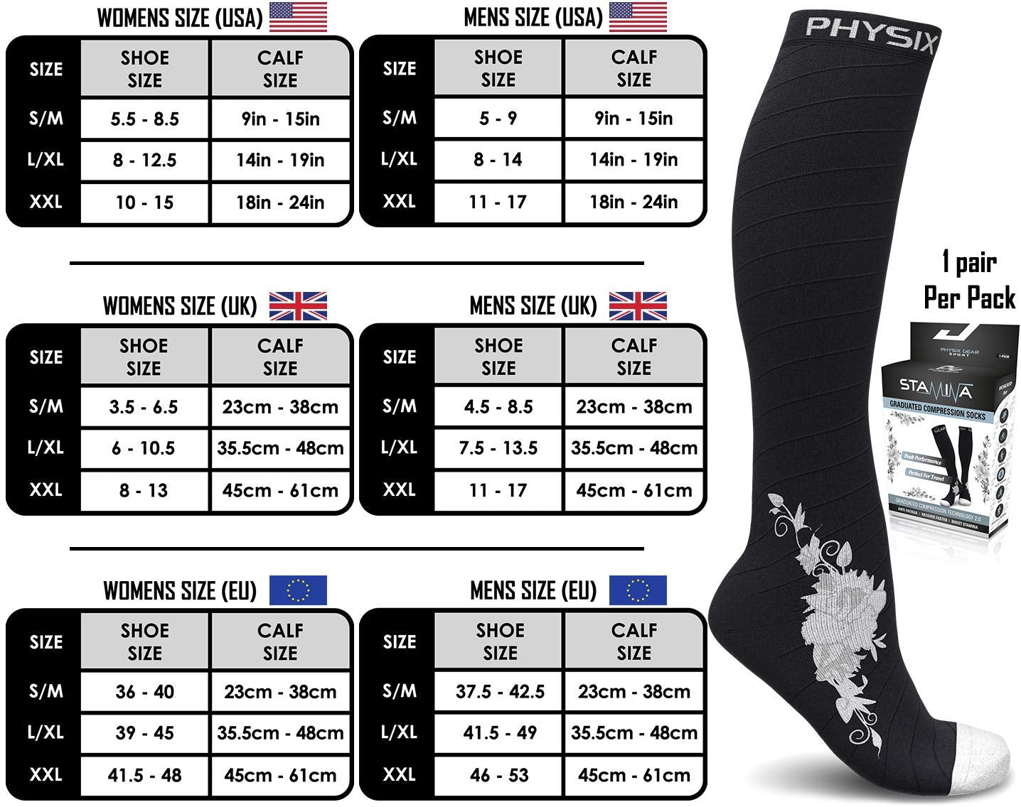 Physix Gear Compression Socks 20-30 mmHg - Men & Women - Running, Nurses, Shin Splints, Flight, Travel (BLACK / GREY FLOWER-S/M)