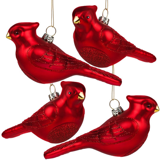 Elcoho Christmas 4 Pack Red Bird Glass Blown Ornaments for Christmas Tree, Northern Cardinal