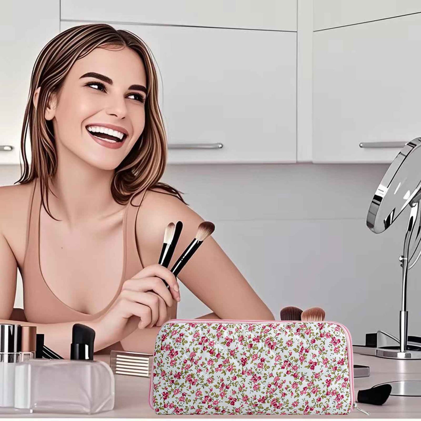 WHHJM Cute Floral Bag for Makeup Brushes - Ideal for Travel & Daily Use Makeup Brushes Pouch for Women (Red Floral)