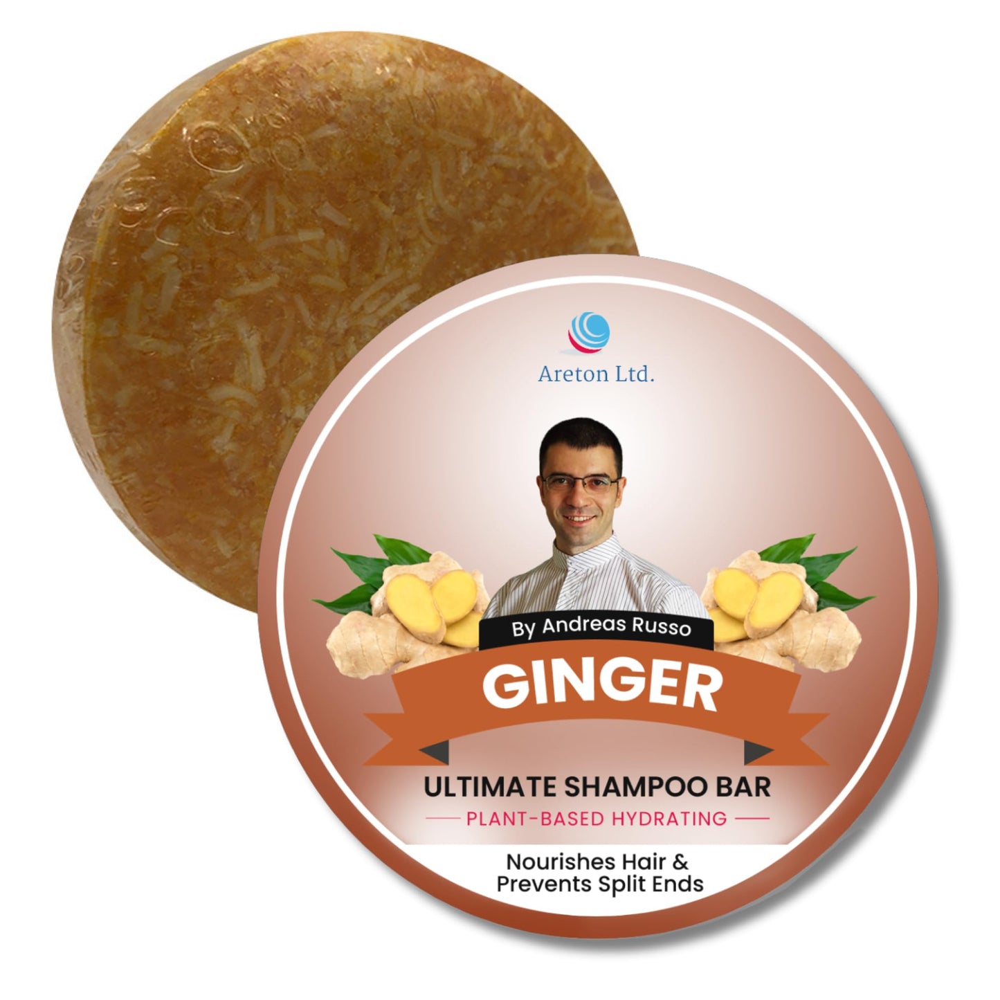 Areton Ginger Shampoo Bar – Natural Solid Shampoo & Conditioner Bar for Dry Hair, Hair Nourishment, Split End Prevention, SLS-Free, Hydrating, Frizz Control, Eco-Friendly, Herbal Scented