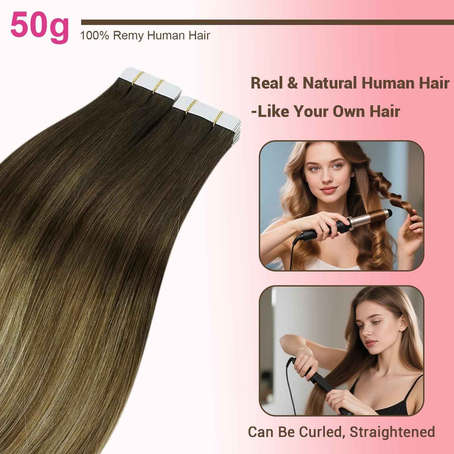 GEELOOK Tape in Hair Extensions Human Hair 18inch Skin Weft Straight Thick Natural with 12 Pieces Replacement Tape 20pcs 50g Chocolate Brown mixed caramel blonde #4/27/4