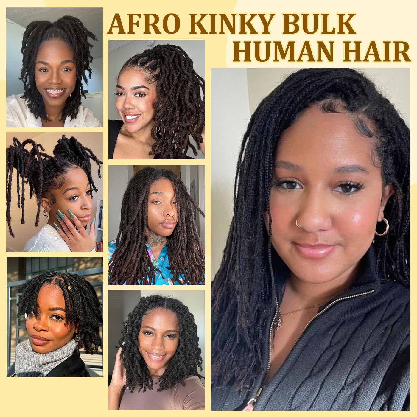 BangkeBeauty Afro Kinkys Bulk Human Hair 14 Inch Afro Kinkys Bulk 100% Human Hair for Dreadlock Extensions,Repair Locs,Braiding Twists,Afro Kinky Bulk Can be Dyed and Bleached(1B, 14inch)