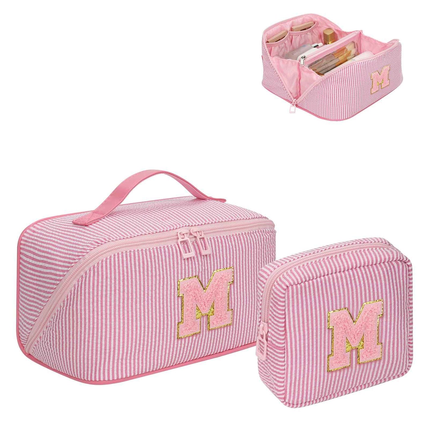 Travel Makeup Bag for Women, 2Pcs Portable Personalized Initial Makeup Organizer Bag, Open Flat Large Cosmetic Bag With Travel Essential Pouch (Pink Letter M)