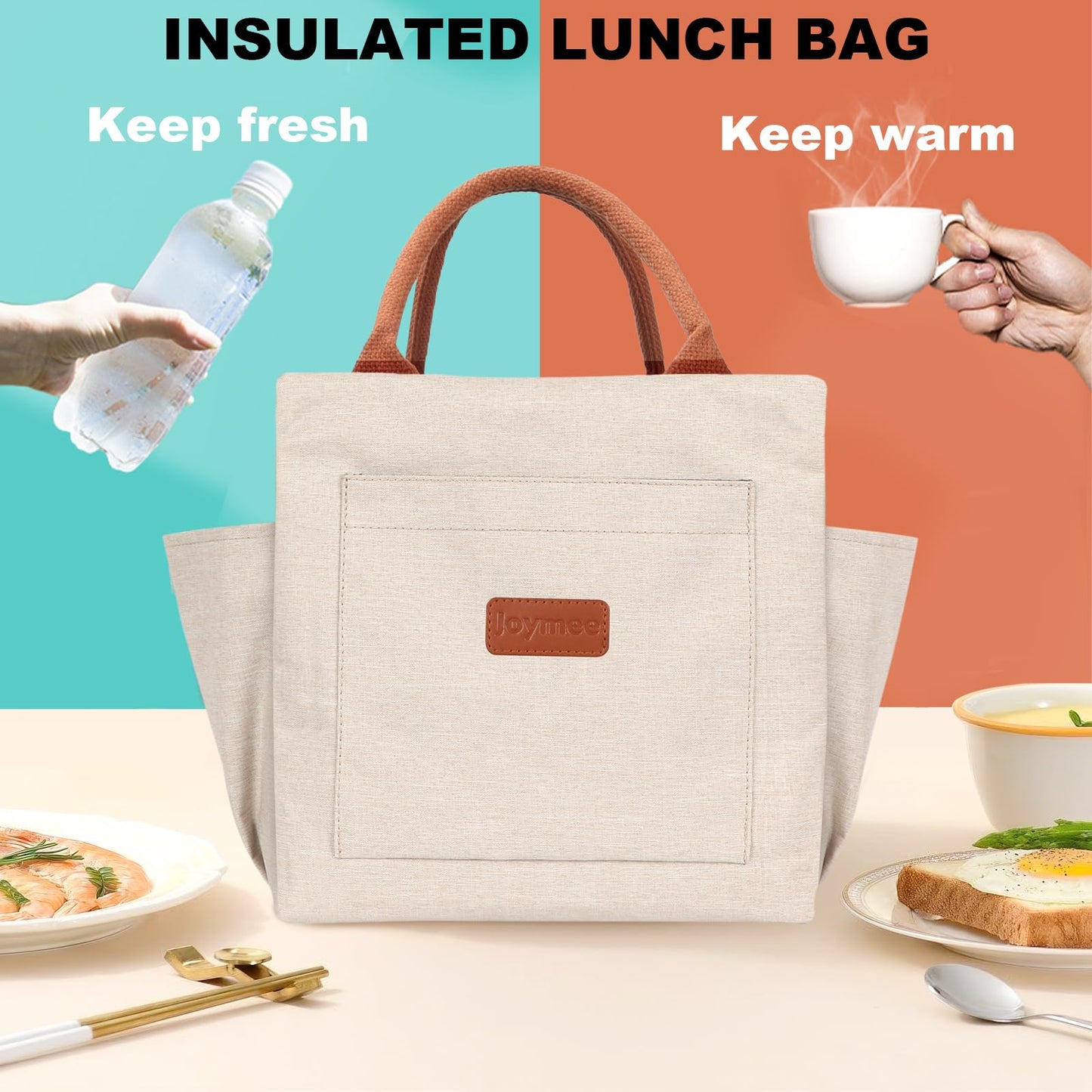 Joymee Lunch Bag Women Insulated Lunch Box Reusable Leakproof Large Cooler Tote for Womens Mens Adults with Bottle Holder and Side Pockets for Work Office Picnic - White Little Flowers