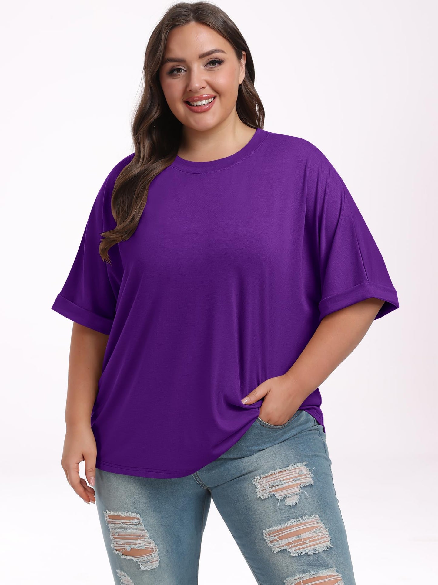 ANRABESS Women's Oversized T Shirts Short Sleeve Crewneck Summer Tops Casual Loose Basic Tee Shirts 2024 Trendy Clothes Dark Purple Small