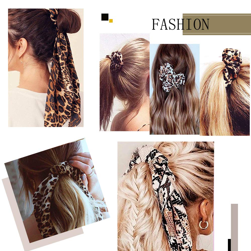 5Pcs Leopard Snake Cheetah Print hair scarf Scrunchies, Leopard Hair Tie, Animals Hair Scarf Scrunchies Ponytail Holder Scrunchy Ties for Women (Leopard Headband - 5B)