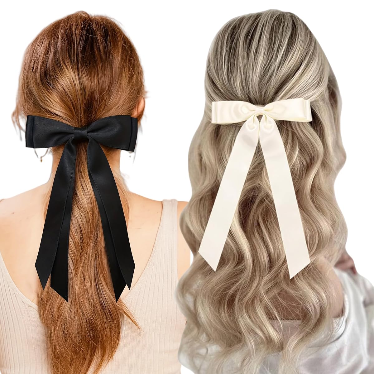 Hair Bow Clips 4 Pcs, Women Silky Satin Hair Bowknot Clips Hairclips Double Ribbon Tassel Ponytail Holder Accessories, Hair Bow Barrettes Clips for Girls Toddlers Teens Kids Gifts, Black+Beige