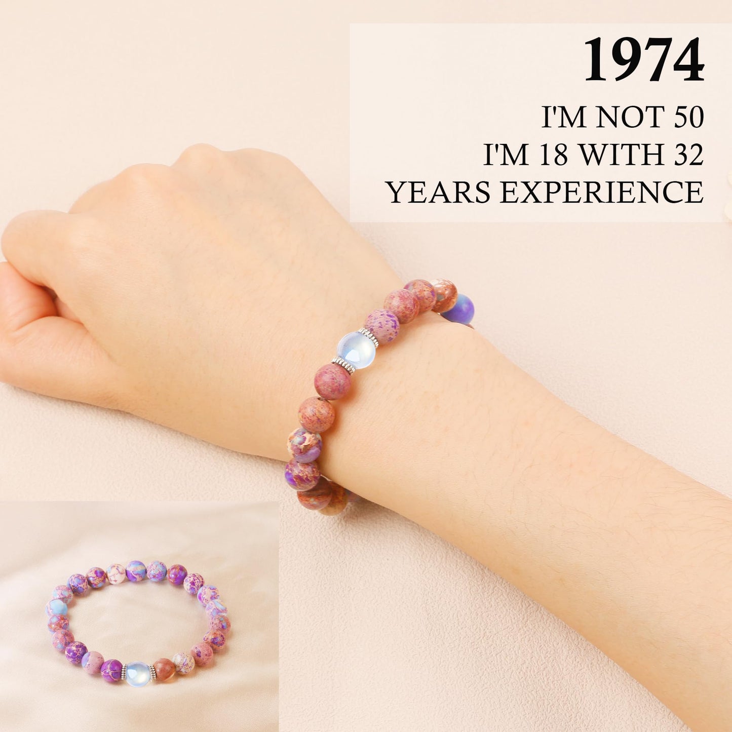 Sereney Happy 50th Birthday Gifts for Her, Natural Stone Bracelet As 50th Birthday Gifts for Women Funny, 1974 Birthday Moonstone Bracelet as Cool Gifts for 50 Year Old Women Mom Sister Grandma Friend