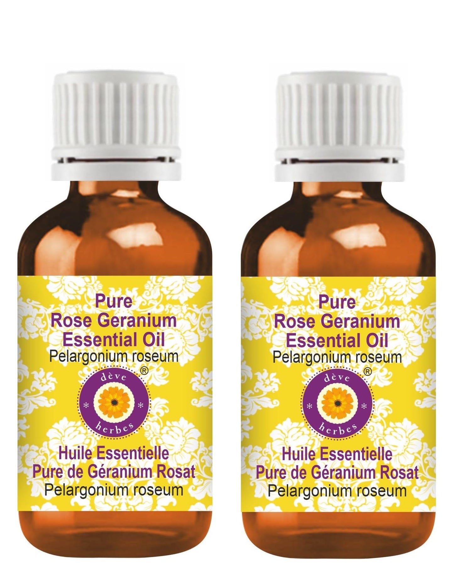 Deve Herbes Pure Rose Geranium Essential Oil (Pelargonium roseum) Steam Distilled (Pack of Two) 100ml X 2 (6.76 oz)