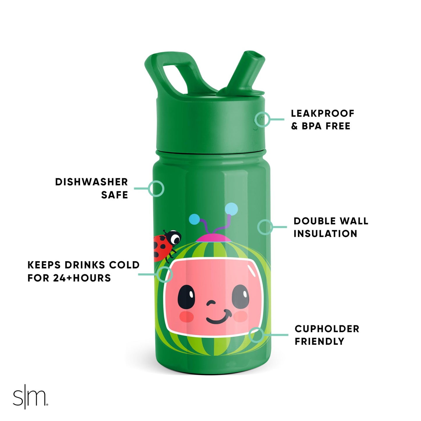 Simple Modern CoComelon Kids Water Bottle with Straw Lid | Insulated Stainless Steel Reusable Tumbler for Toddlers, Boys | Summit Collection | 14oz, CoComelon Watermelon