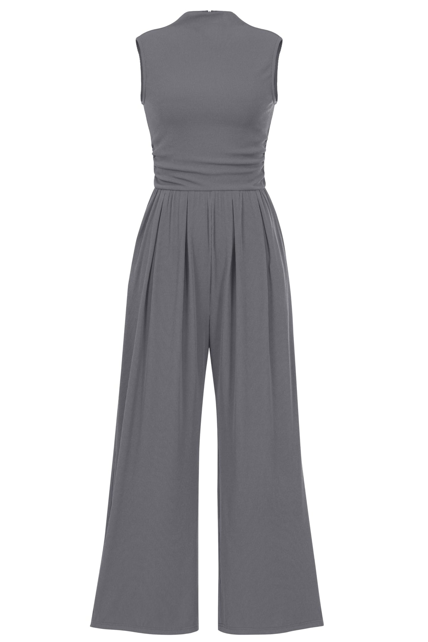 PRETTYGARDEN Womens Summer Jumpsuits Dressy Casual One Piece Outfits Sleeveless Mock Neck Wide Leg Pants Rompers with Pockets (Grey,Small)