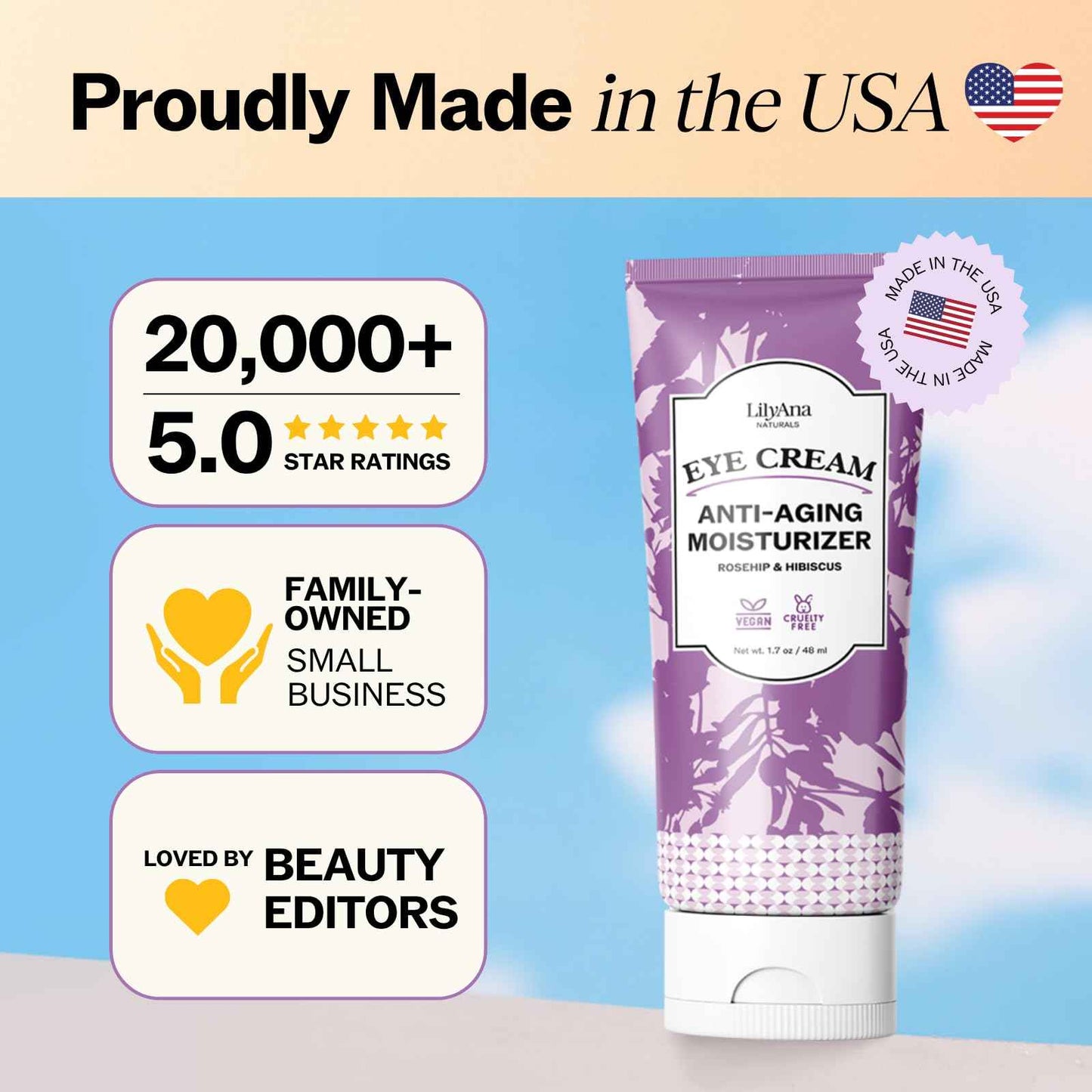 LilyAna Naturals Eye Cream for Dark Circles and Puffiness, Under Eye Cream for Wrinkles and Bags, Anti Aging - helps Improve Dryness; for Sensitive Skin - 1.7 oz - Made in USA