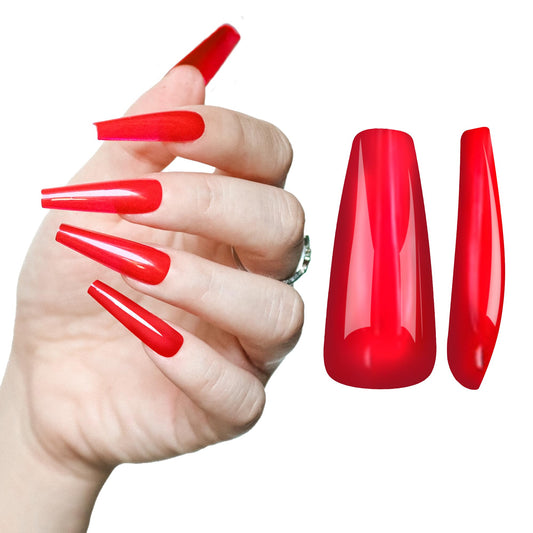 Allkem Press On Nails - Hot Red Glossy Extra Long Ballerina 2 Set Bundle | 10 sizes - 20 pcs False Nails Full Cover Nail Kit with Glue