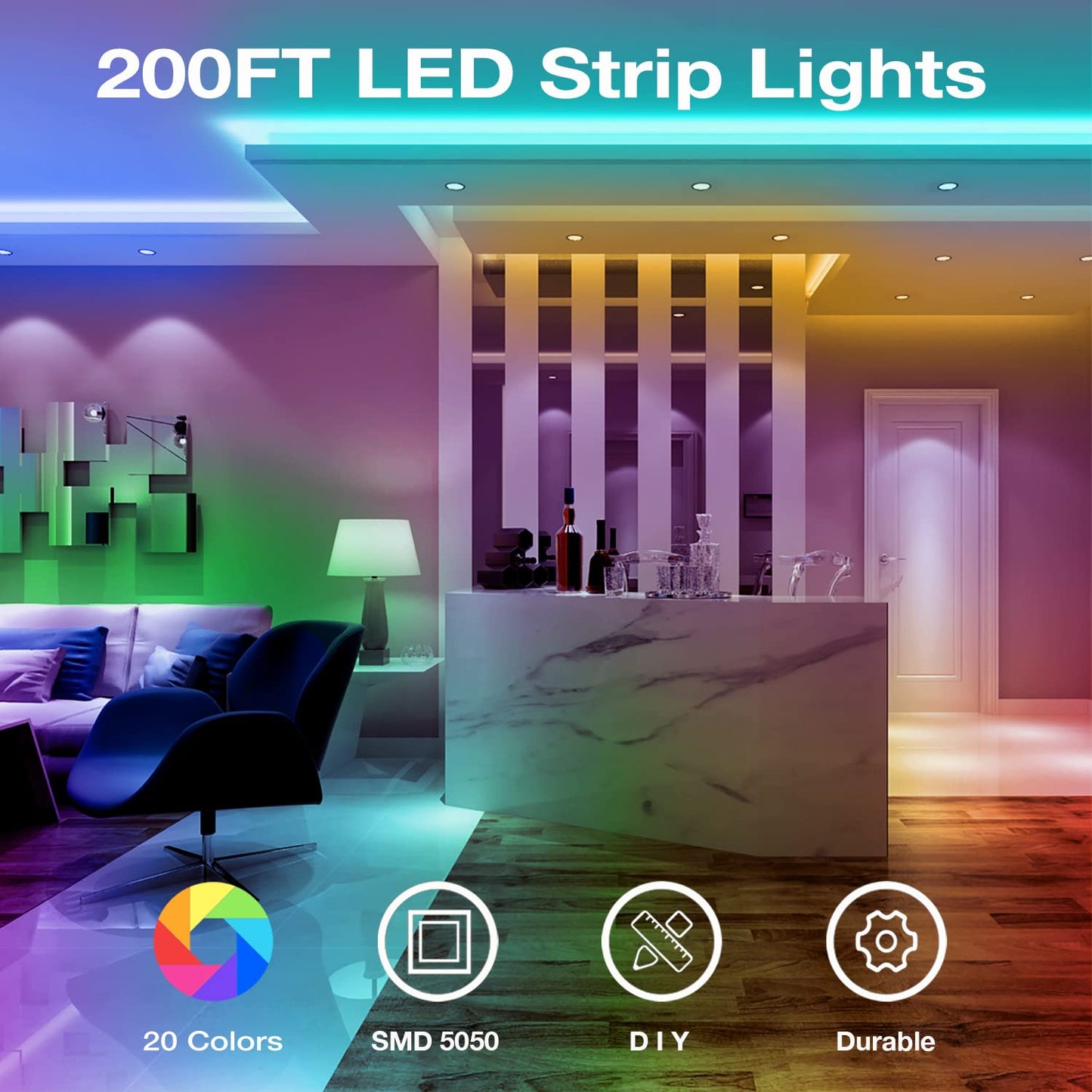 DAYBETTER Led Strip Lights 200ft, RGB Led Light Strip with 44Keys Remote Controller, Color Changing Led Lights for Bedroom 100 ft of 2 Rolls