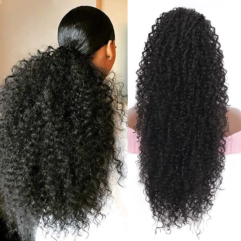 Youthfee 27” Drawstring Ponytail Deep Curly Heat Resistant Synthetic Instant Clip Ponytail Extension Protective Style Afro Kinky Curly Hair Pieces for Women