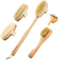 Natural Dry Brushing Set - 5 Packs with Wood Long Handle & 3 Detachable Heads for Lymphatic Drainage & Cellulite Exfoliation
