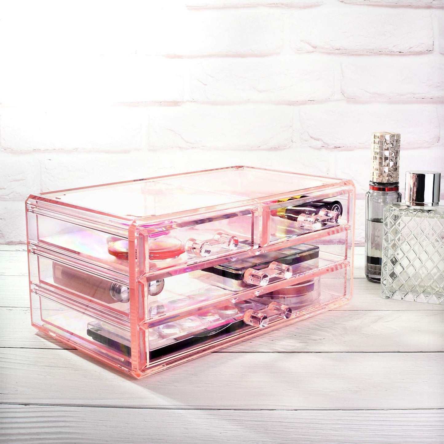 Ikee Design Pink Jewelry & Cosmetic Storage Display Boxes Two Pieces Set, Organizer Makeup Holder, for Vanity