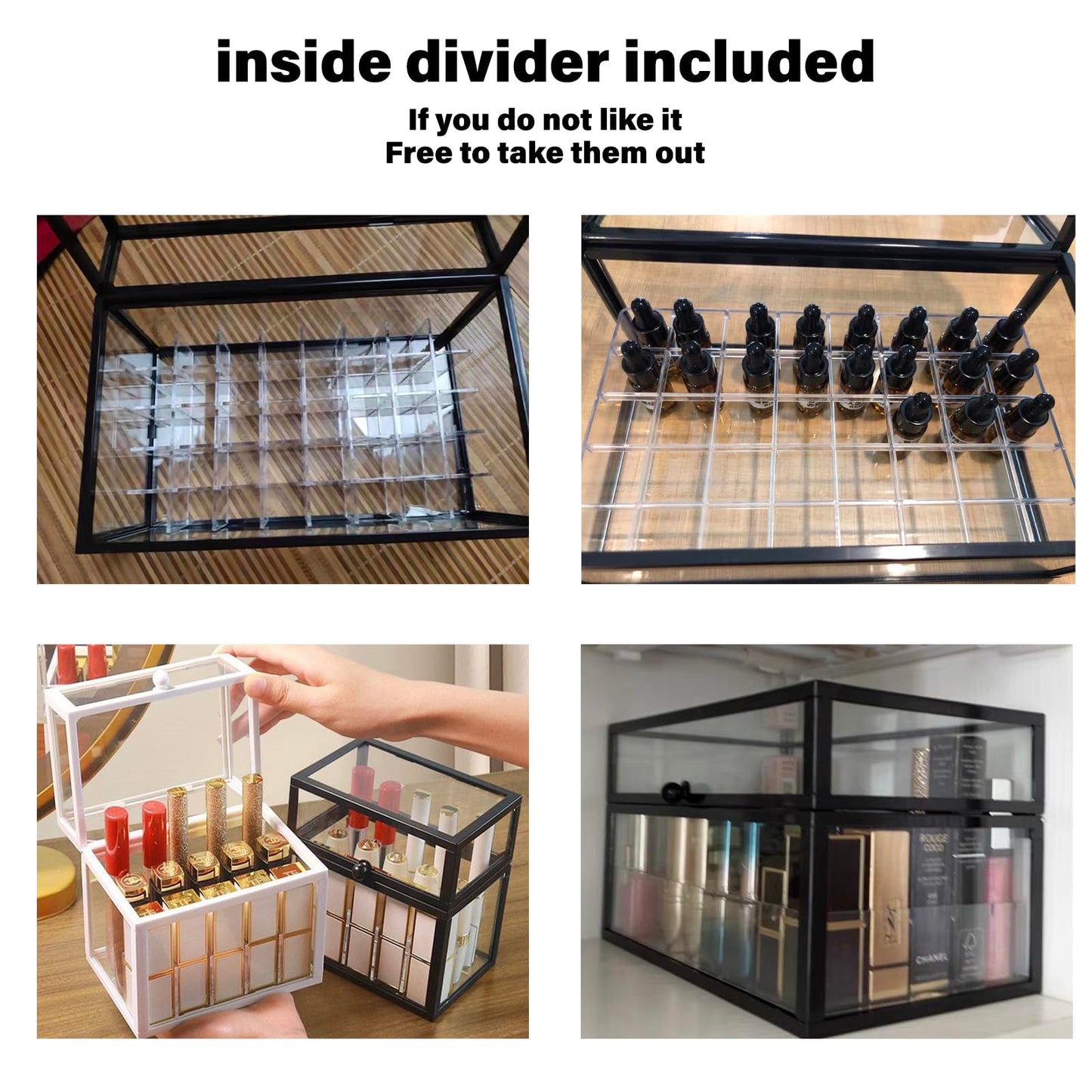 Krdrgey Glass Lipsticks Organizer, 8.9Inch x 5Inch x 5Inch Clear with Divider Included, Skin Care, Bottles, Perfume, Mascara, Lip Gloss, Samples, Life Supply Holder with Lid (white, large)