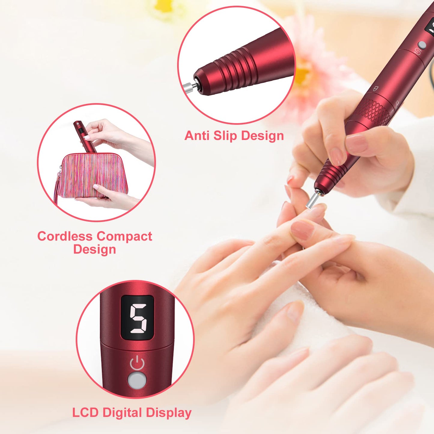 PELCAS Electric Nail Drill, Cordless LCD Nail File Kit 5 Adjustable Speeds 20000RPM Drill Nails Machine for Acrylic, Gel Nail, Manicure Pedicure Grinder Tool